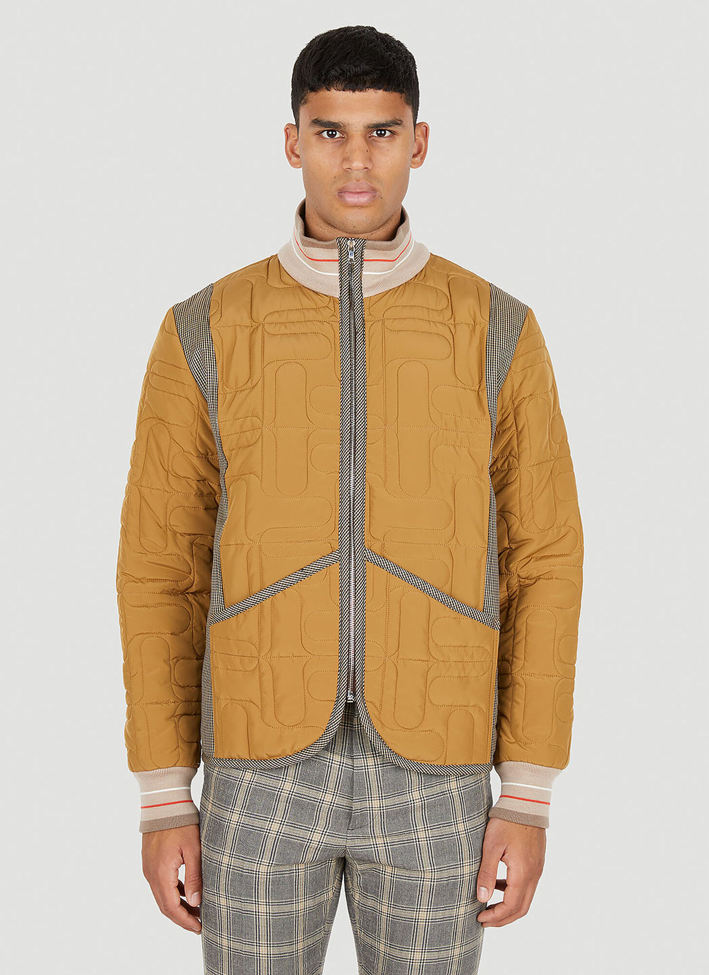Wales Bonner Contrast-panel Quilted Bomber Jacket In Brown