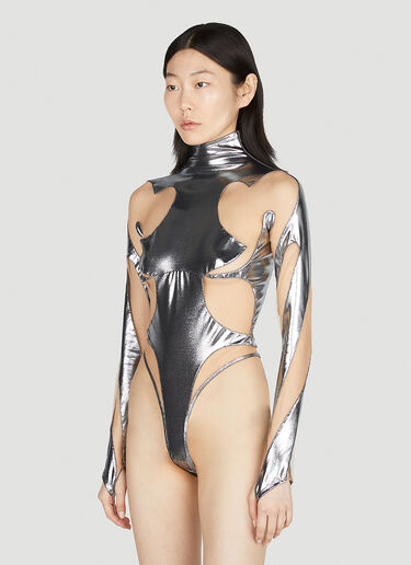 Mugler Metallic Cut Out Illusion Bodysuit Silver mug0251037