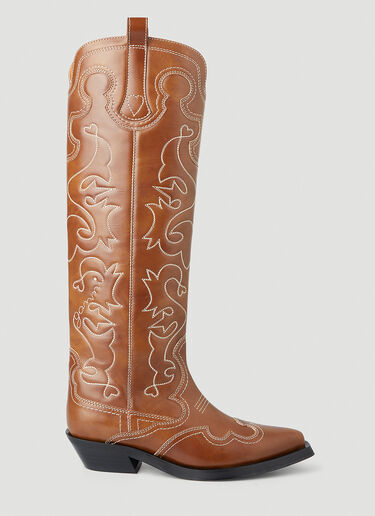 GANNI Knee High Embroidered Western Boots Brown gan0250018