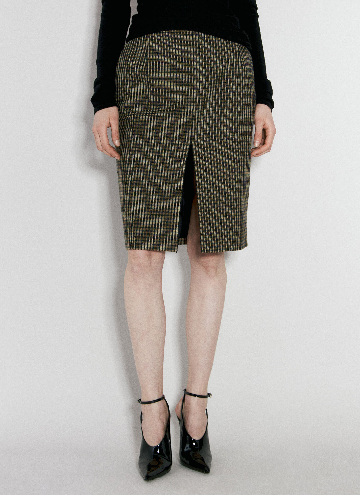 Shop Saint Laurent Wool-blend Checked Midi Skirt In Beige