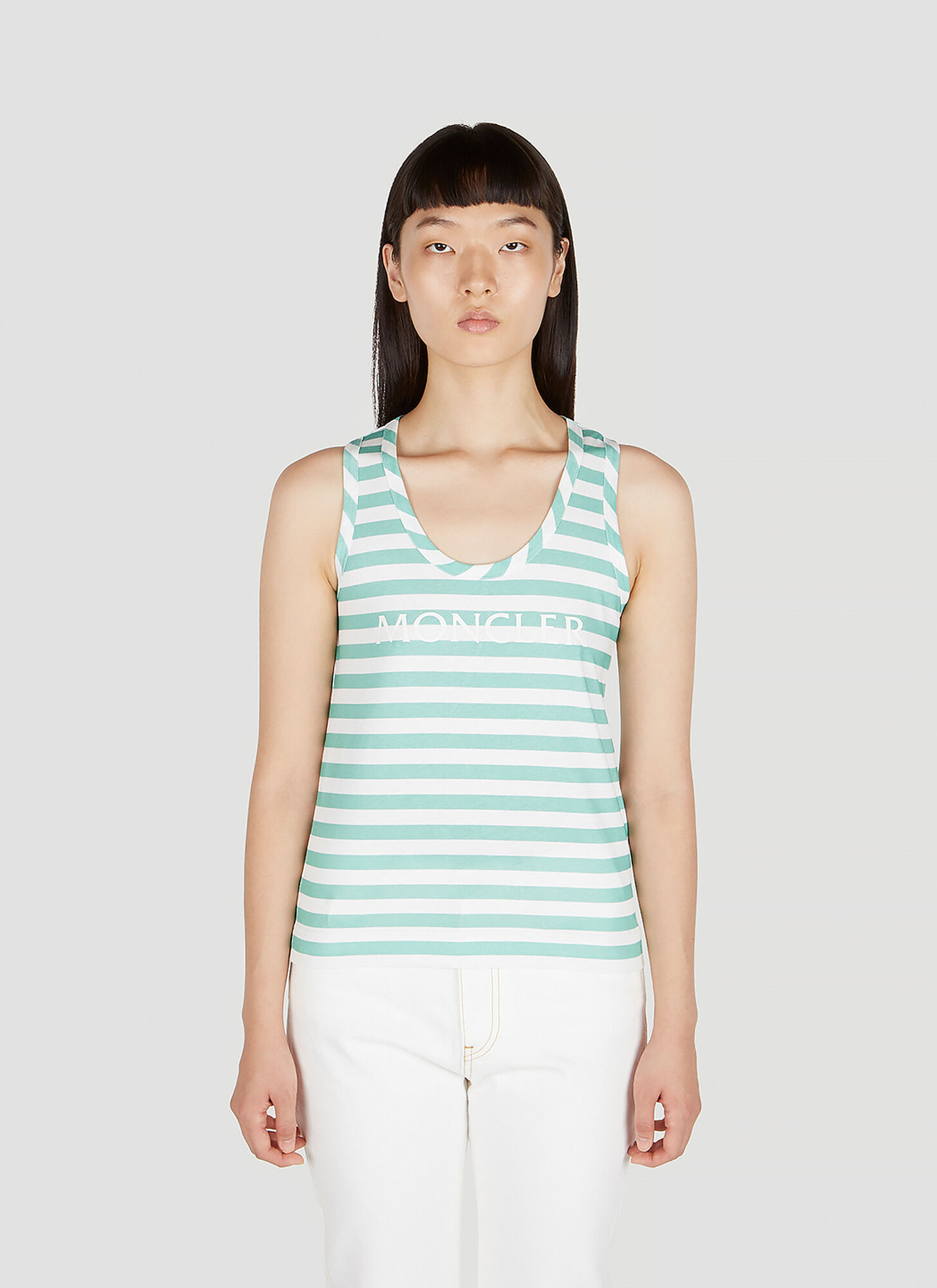 Moncler Mint Green Striped Tank Top With Logo In Green