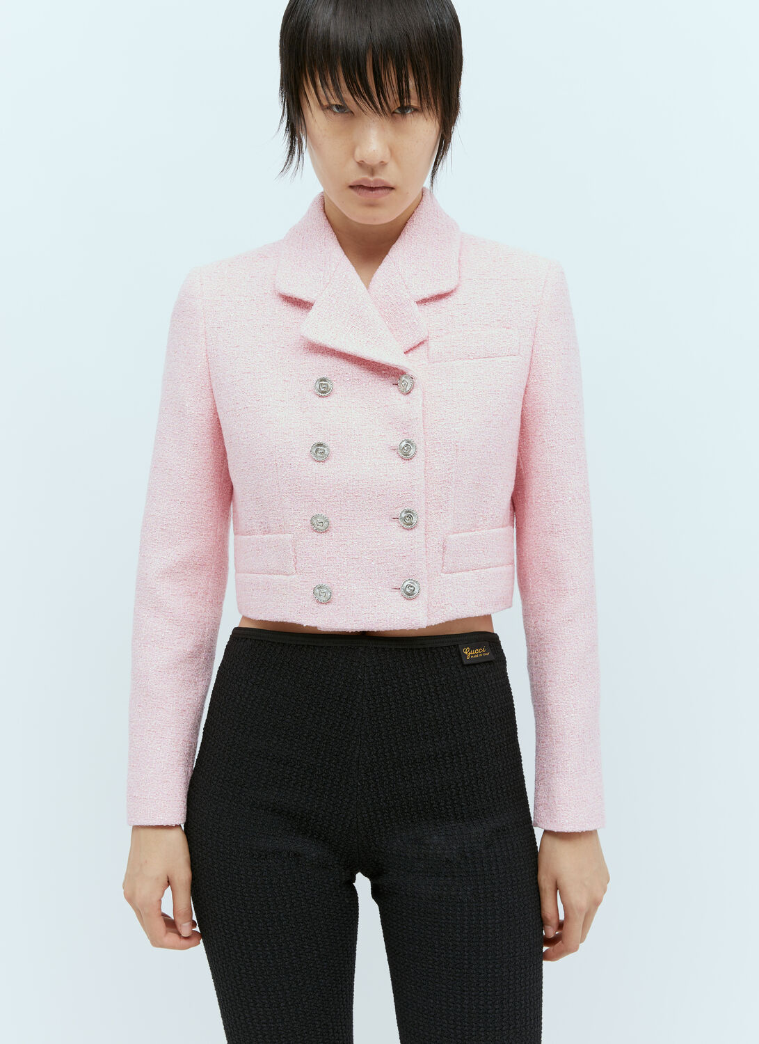 Shop Gucci Sequin Bouclé Cropped Blazer In Pink