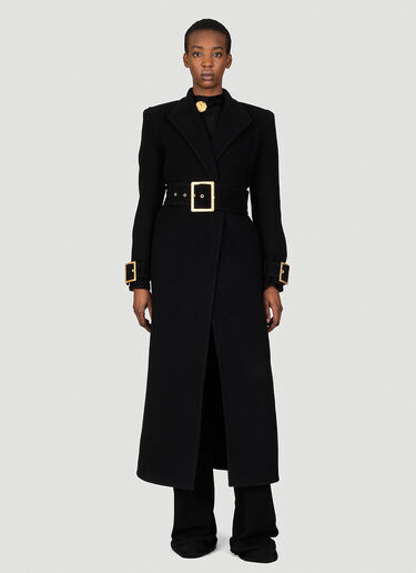 Balmain Belted Double-Breasted Wool Long Coat Black bln0253004