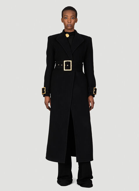 Balmain Belted Double-Breasted Wool Long Coat Brown bln0254005