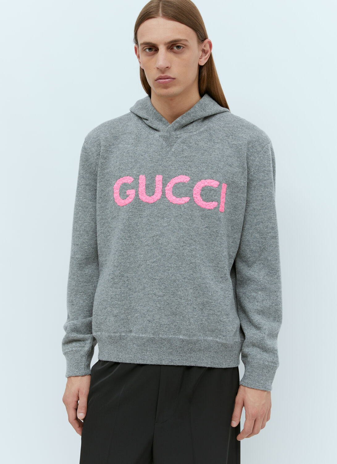 Shop Gucci Logo Embroidery Wool Hooded Sweatshirt In Grey