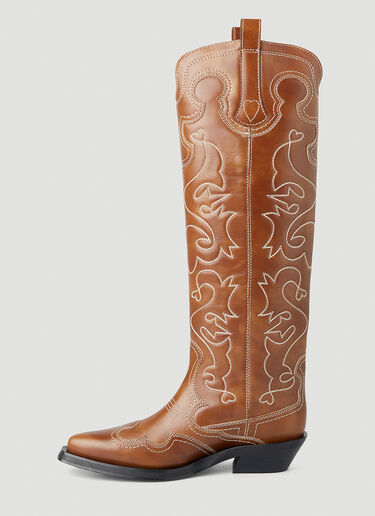 GANNI Knee High Embroidered Western Boots Brown gan0250018