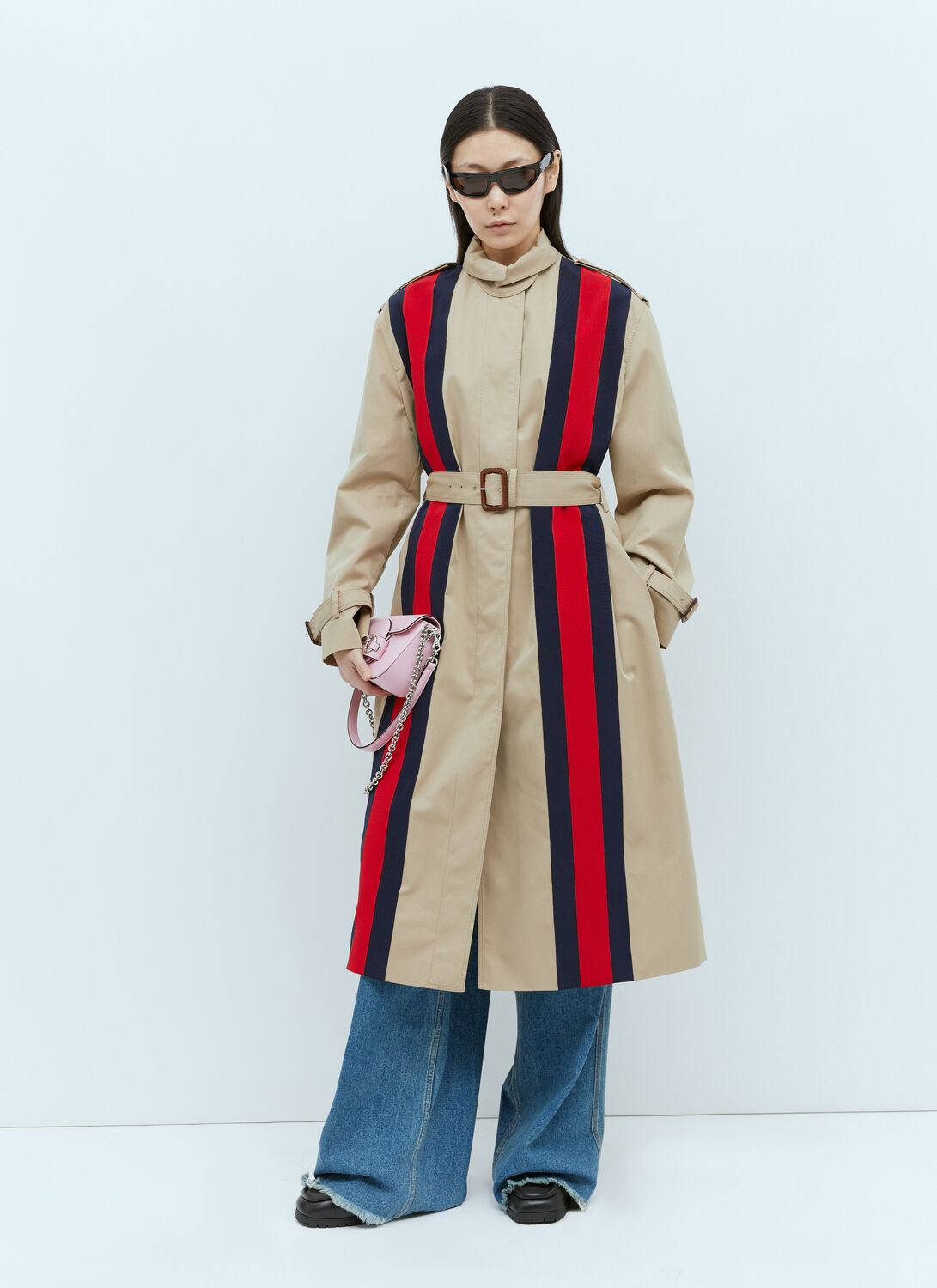 Shop Gucci Gabardine Trench Coat With Web Stripe In Beige