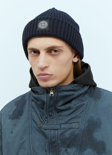 Stone Island Logo Patch Wool Beanie Hat Navy sto0154089
