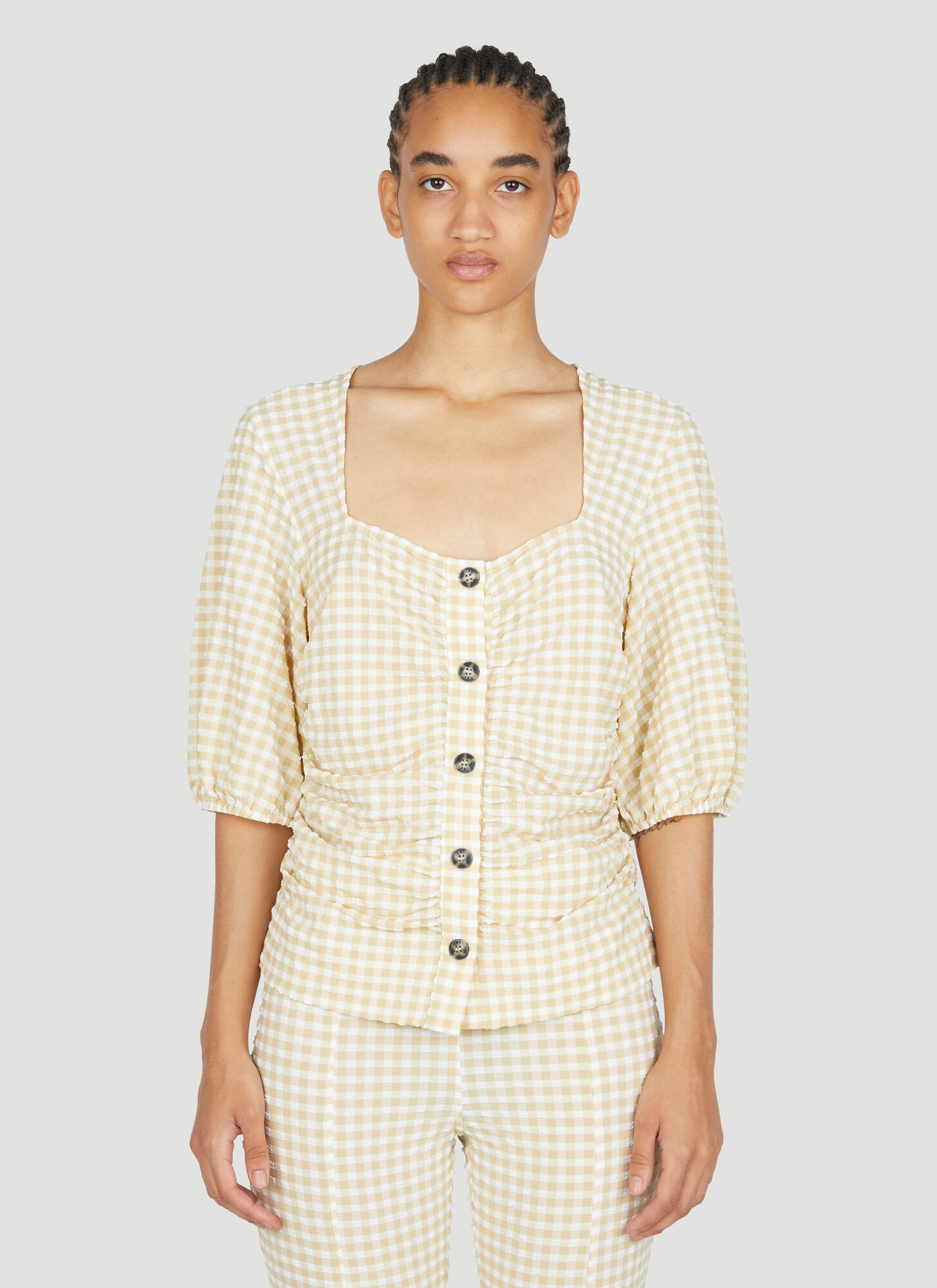 Ganni Seersucker Gathered Blouse In Beige