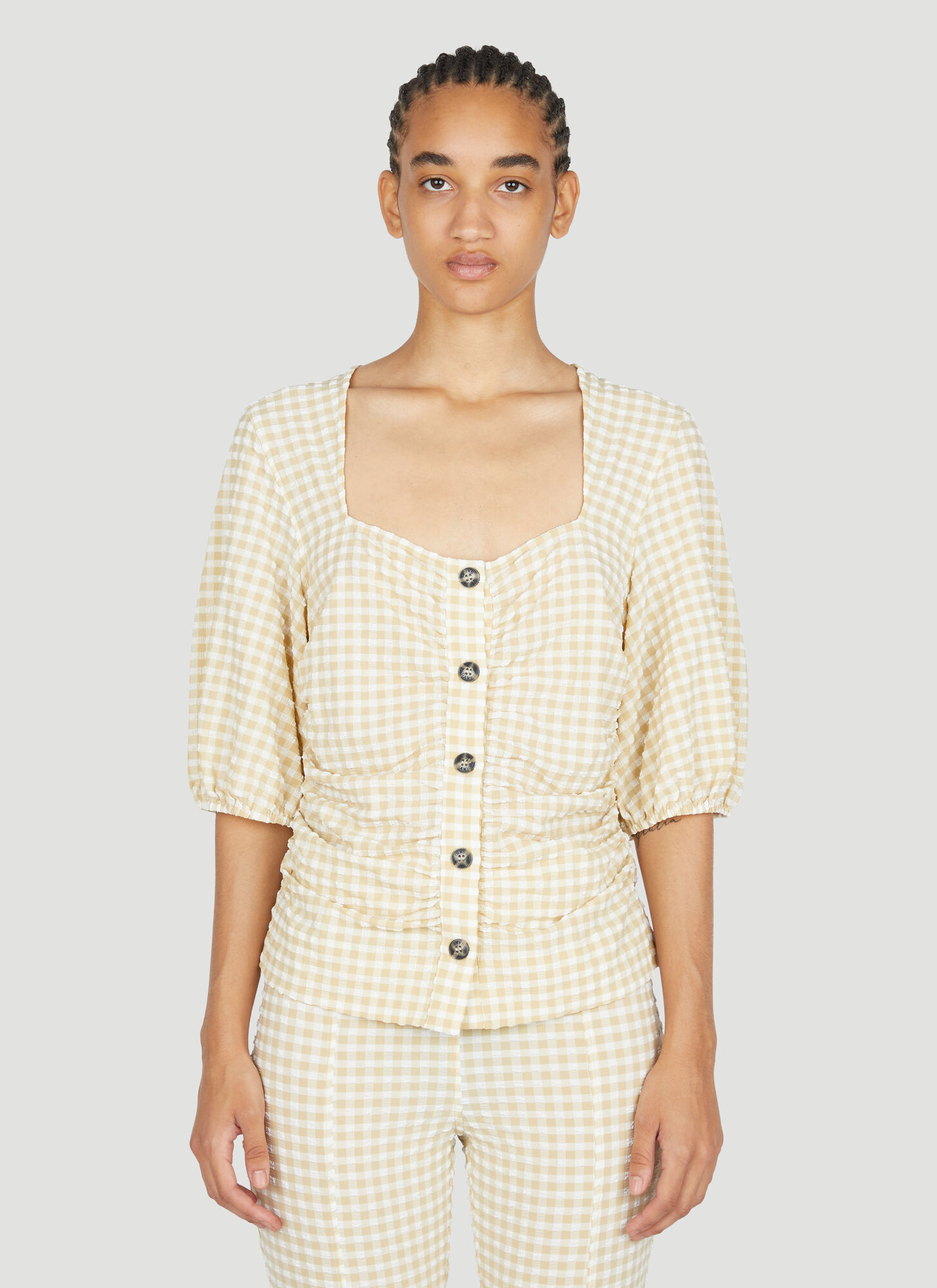 Shop Ganni Stretch Seersucker Gathered Blouse In Beige