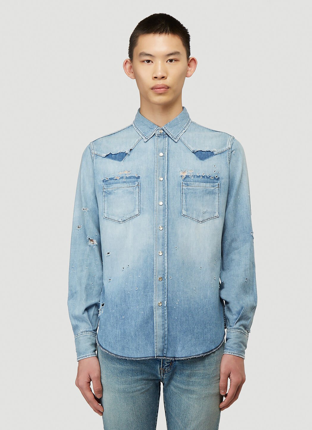 Saint Laurent Distressed Denim Shirt in Blue LN CC