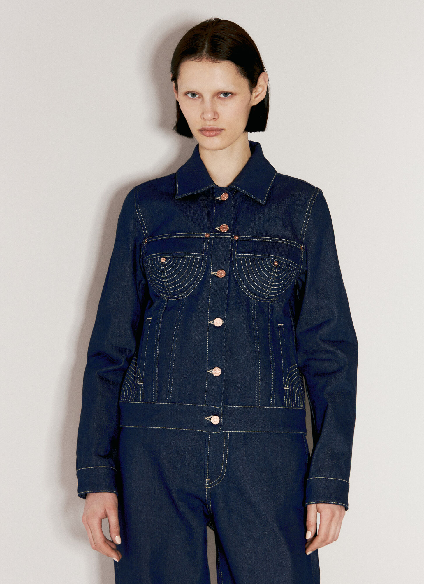 Shop Jean Paul Gaultier Contrast Topstitching Jacket In Blue