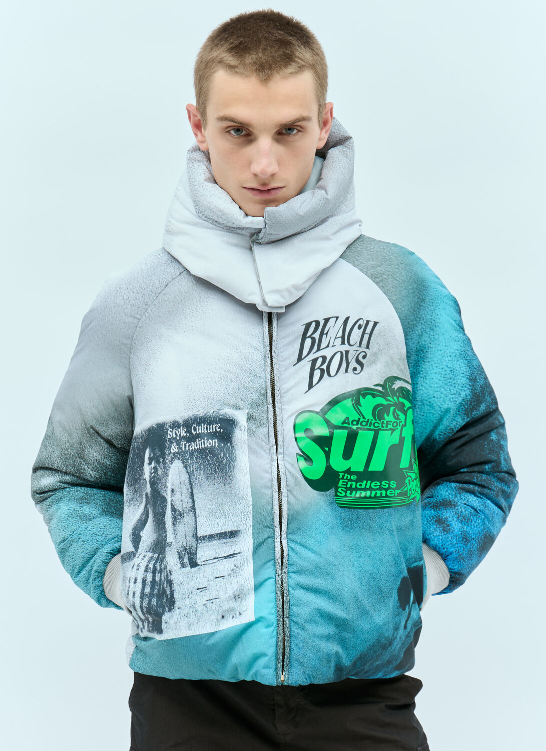 Erl Rl Mens Iridescent Grey Hooded Puffer Shell Jacket In Blue