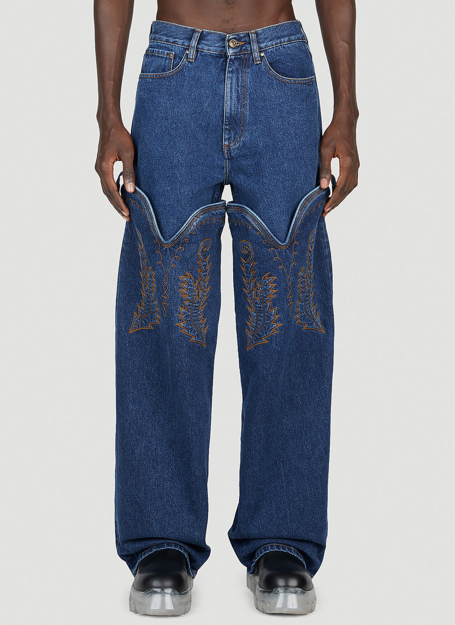 Y/project Cowboy Cuff Jeans In Blue | ModeSens