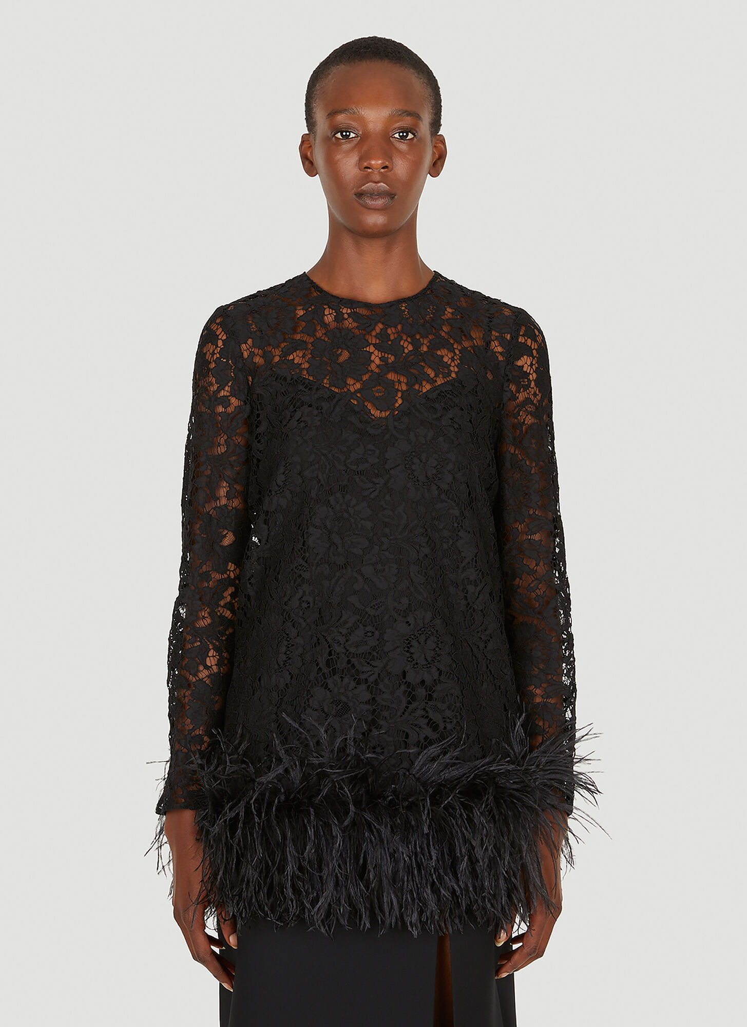Valentino Feather-trimmed Guipure-lace Top In Black