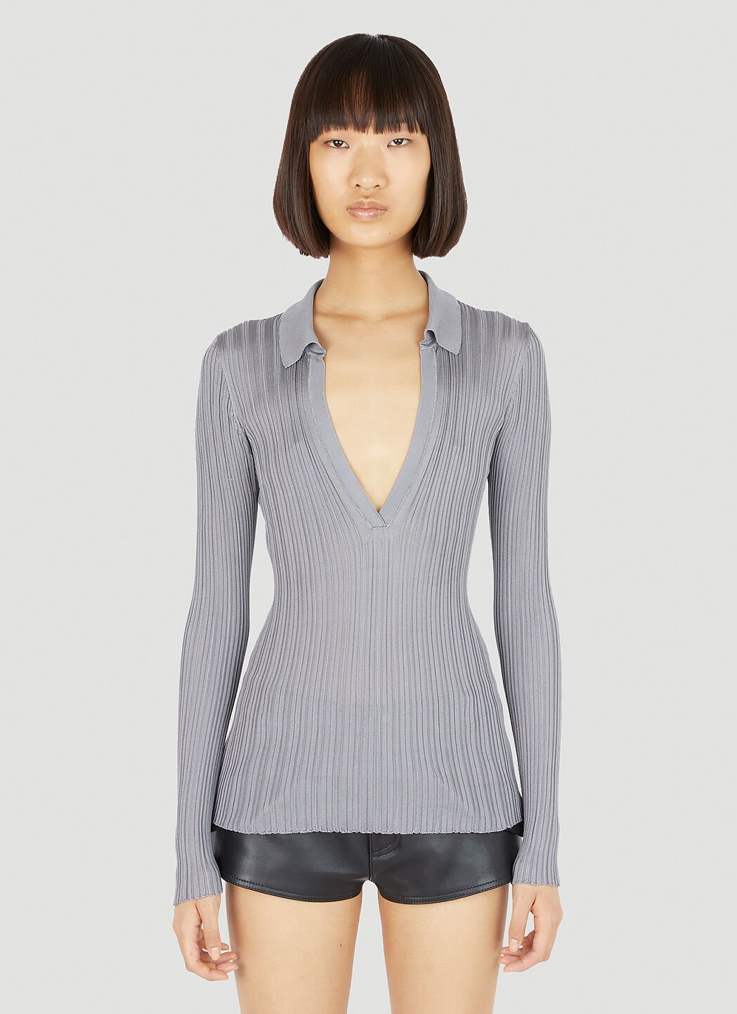 Durazzi Milano Silk Knit Polo Top Grey drz0254004