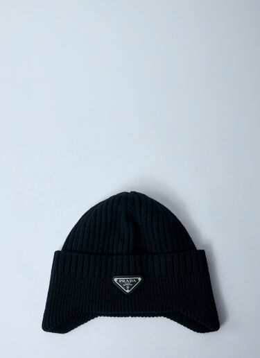 Prada Logo Plaque Wool Beanie Hat Black pra0159041