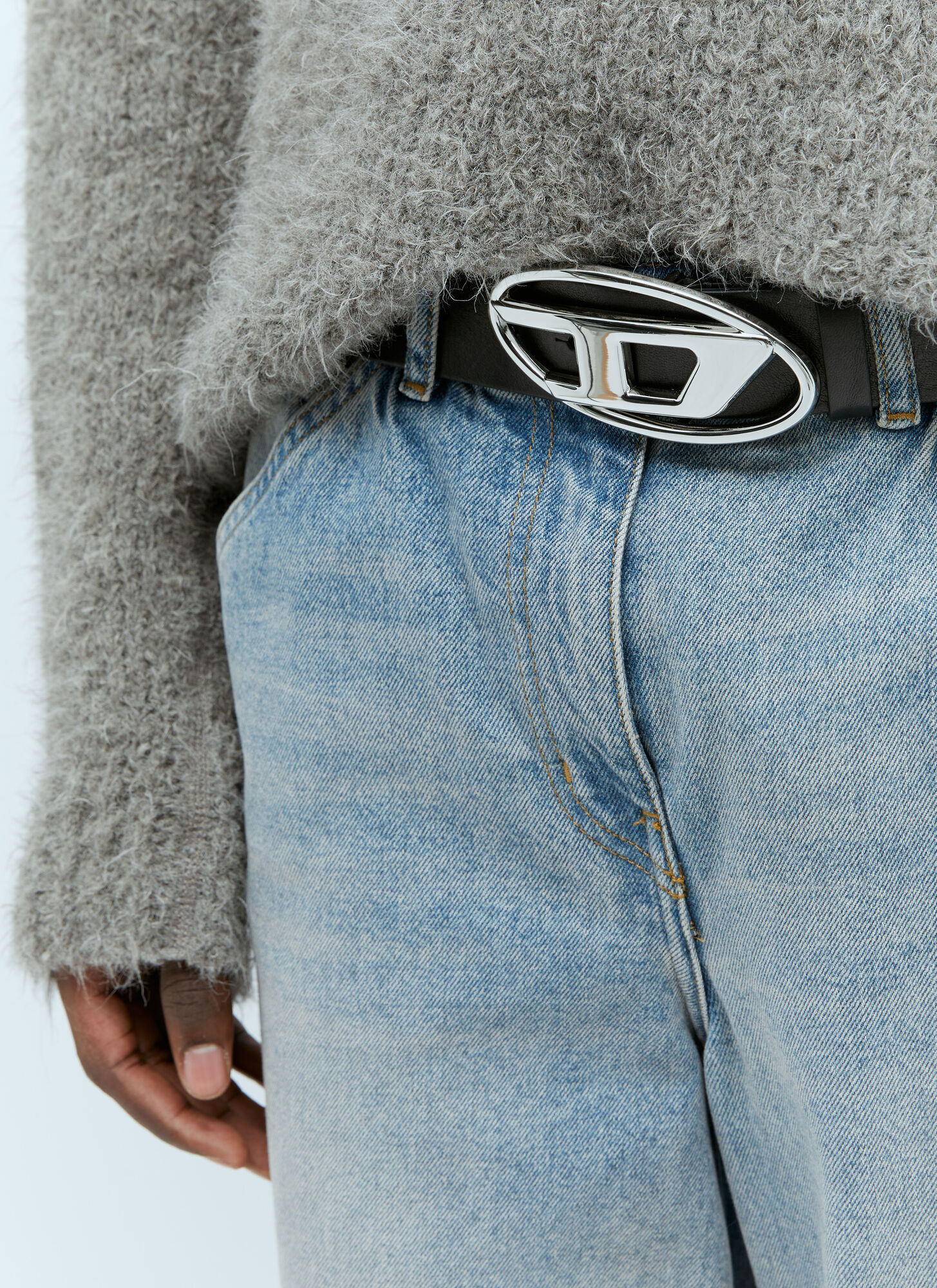 Diesel Black Belt With Oval D Logo Buckle Closure In Leather Man In Black