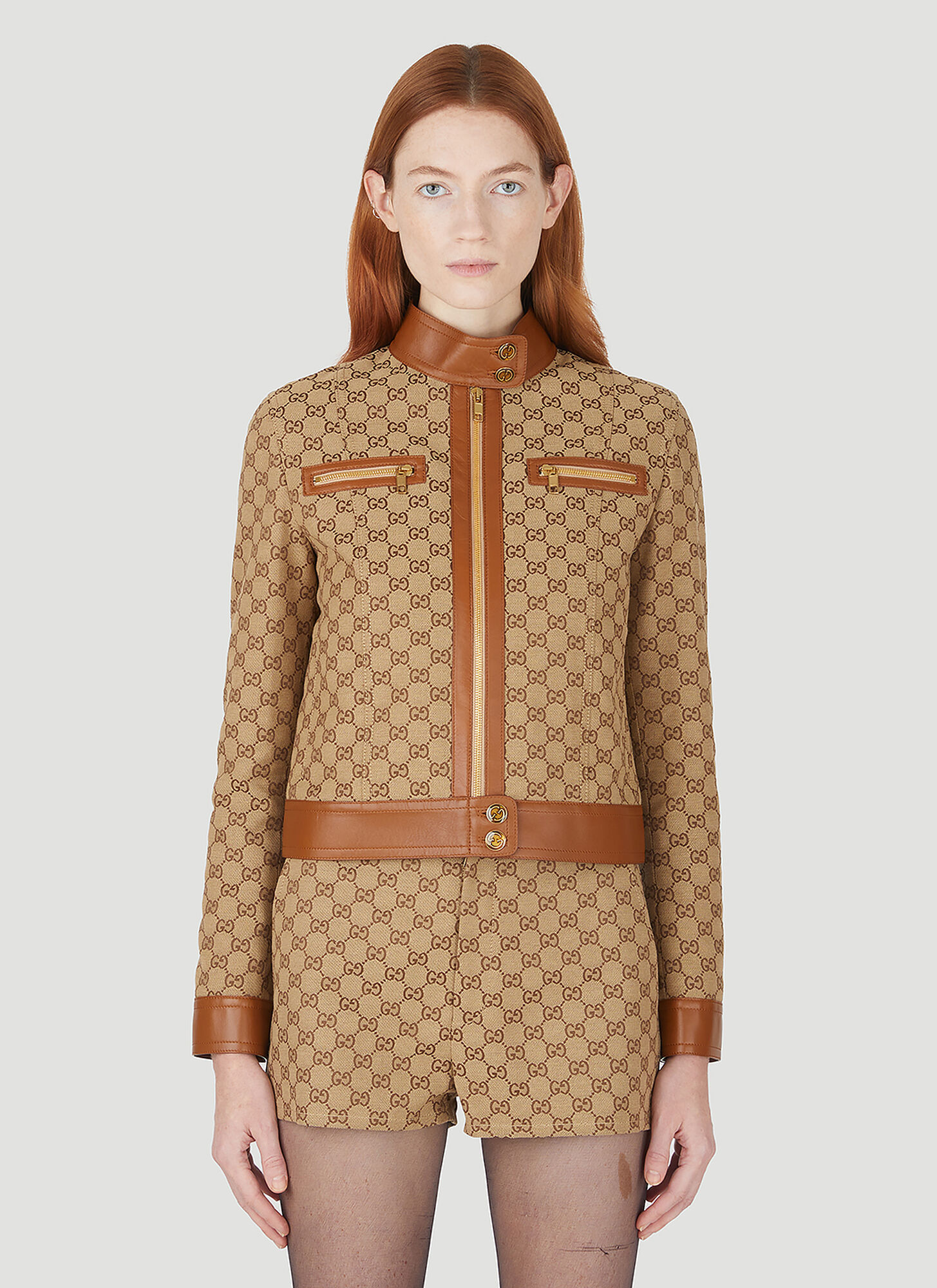 Gucci Cotton Blend Logo Jacket W/ Leather Trim In Beige