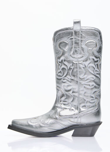 GANNI Mid Shaft Embroidered Western Boots Silver gan0255090