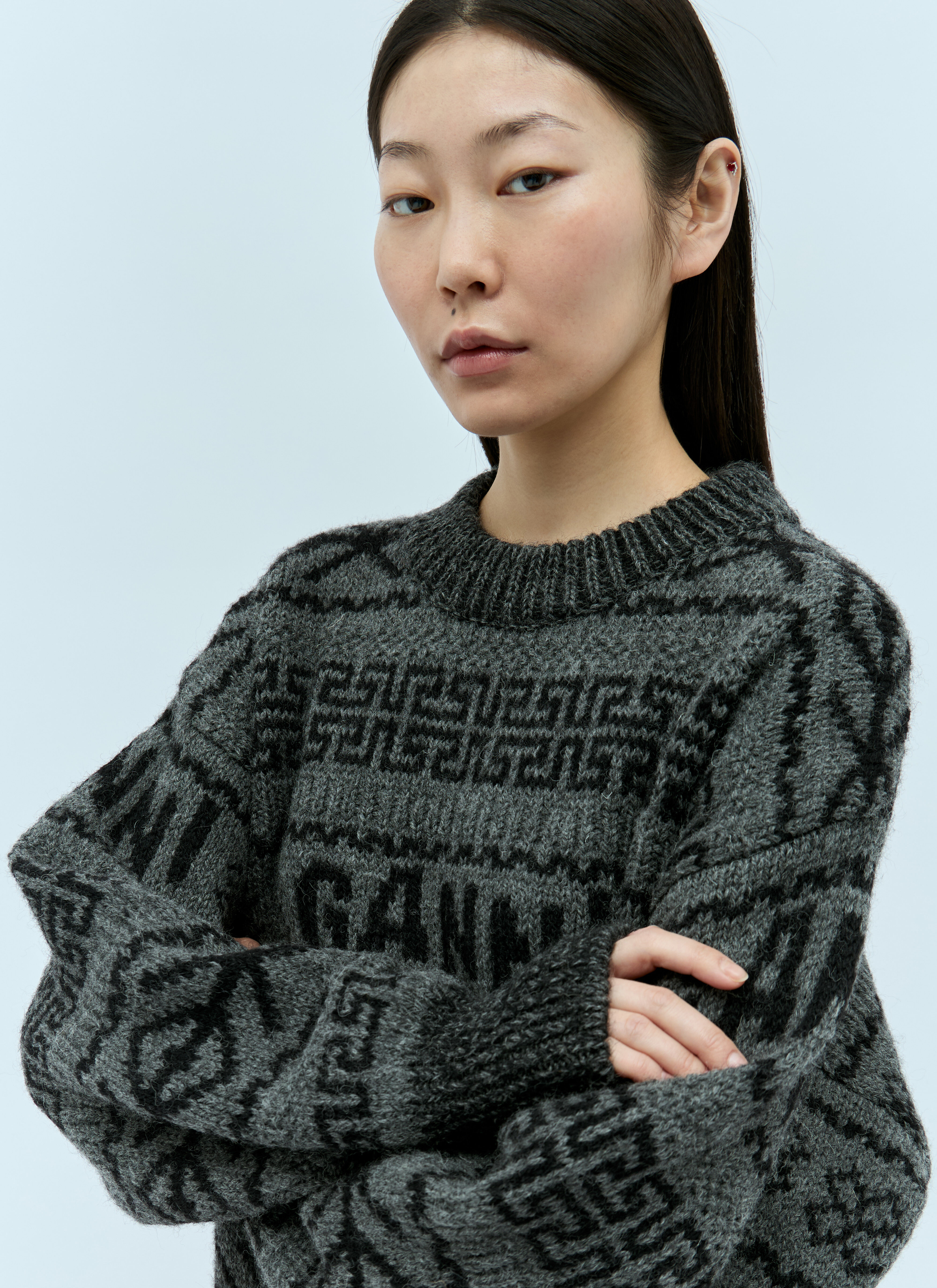 GANNI Logo Jacquard Wool Sweater in Black fur Damen LN CC