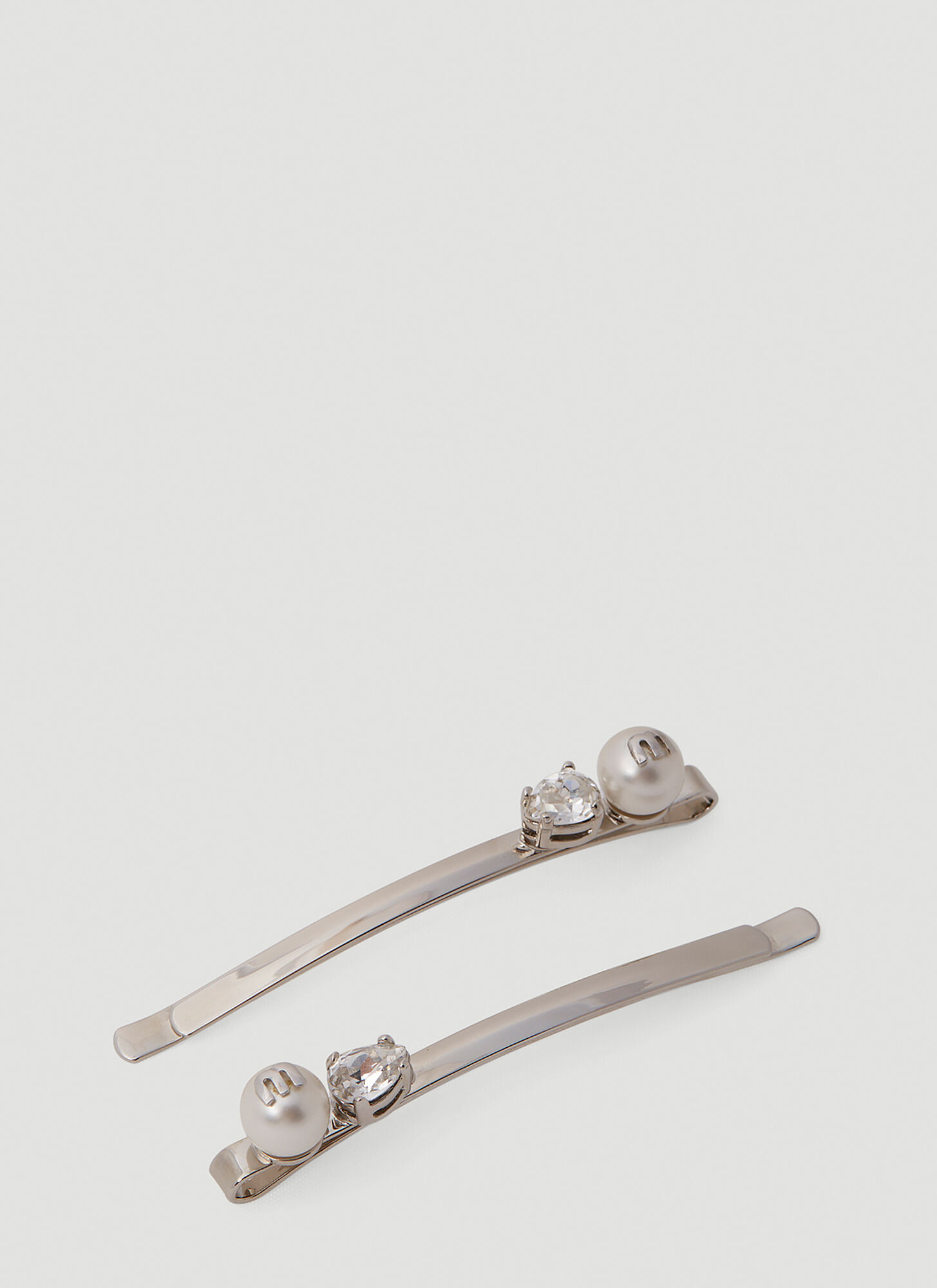 Miu Miu Set Of Two Logo Plaque Pearl Hair Slides In Silver