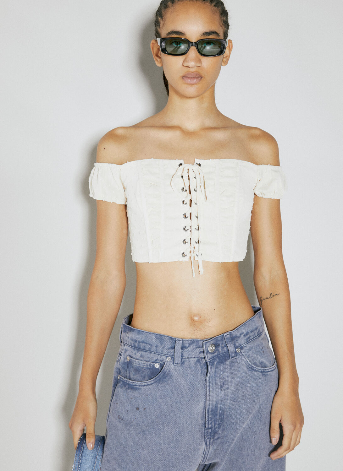 Guess Usa Lace Corset Crop Top In White