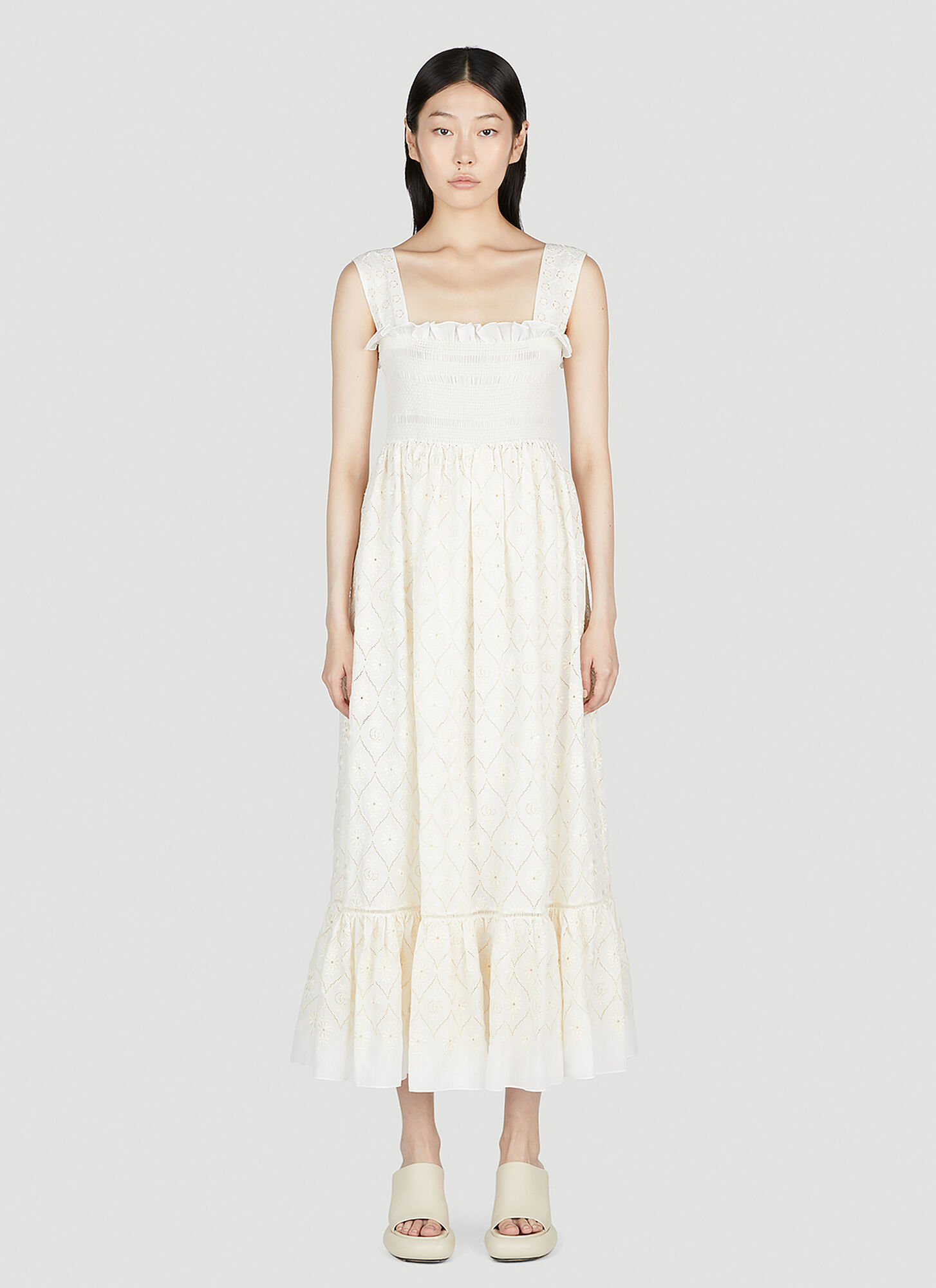 Shop Gucci Double G Flower Broderie Anglaise Dress In White