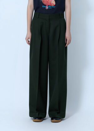 GANNI Single Wool Twill Oversized Pleated Pants Green gan0266004