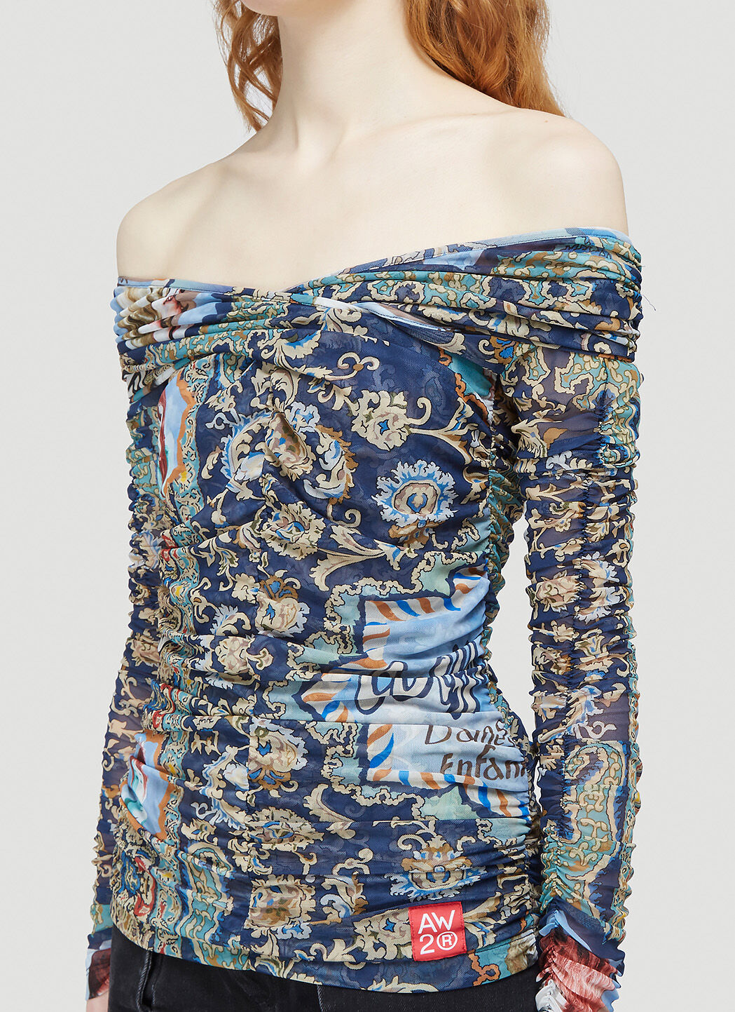 Martine Rose Off-The-Shoulder Mesh Top in Blue | LN-CC