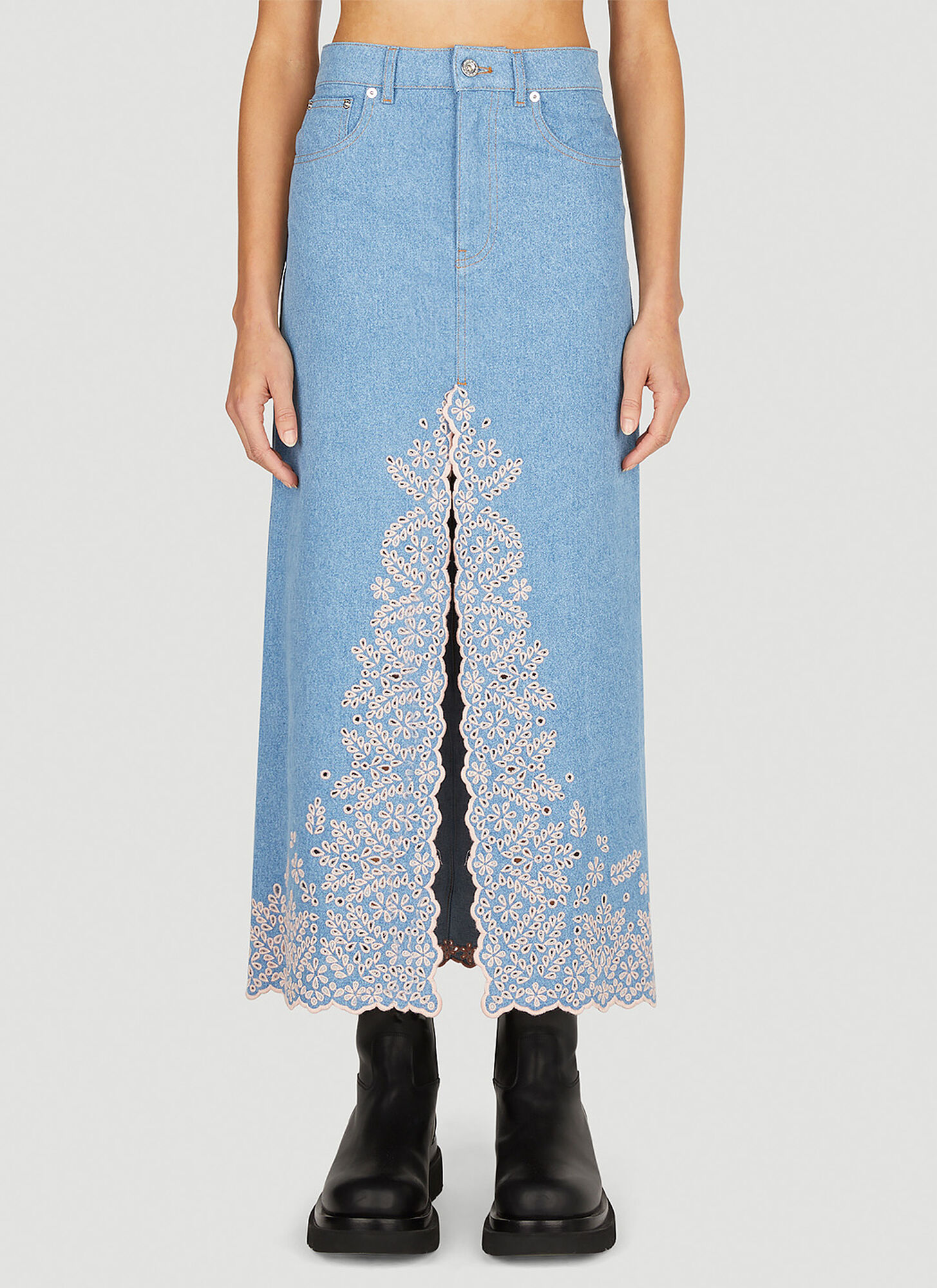 Shop Rabanne Embroidered Denim Skirt In Blue