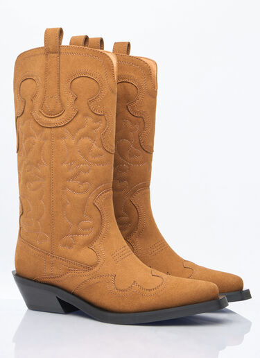 Ganni Mid Shaft Embroidered Western Boots Brown gan0258045