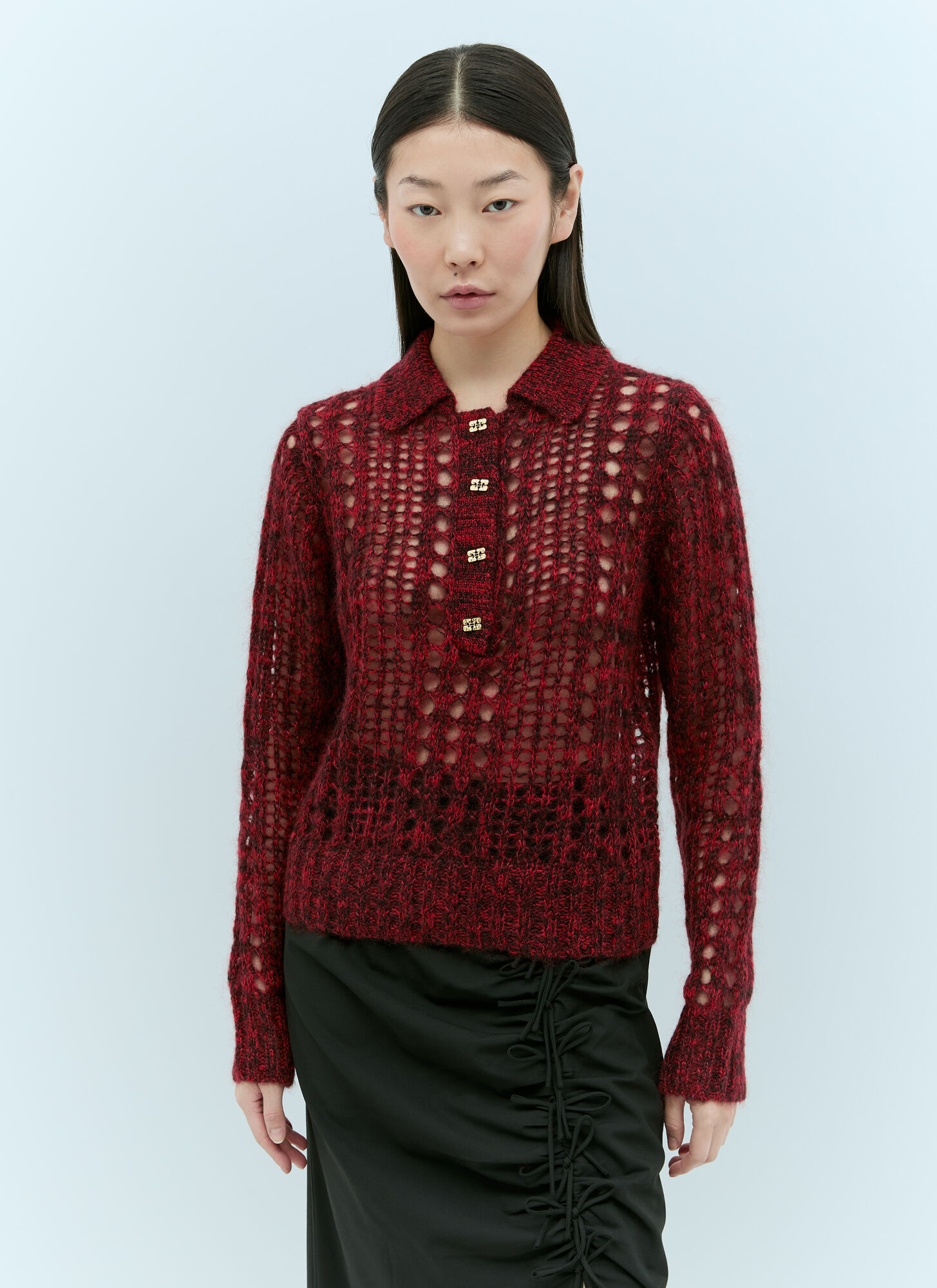 Shop Ganni Mohair Lace Polo Sweater In Red
