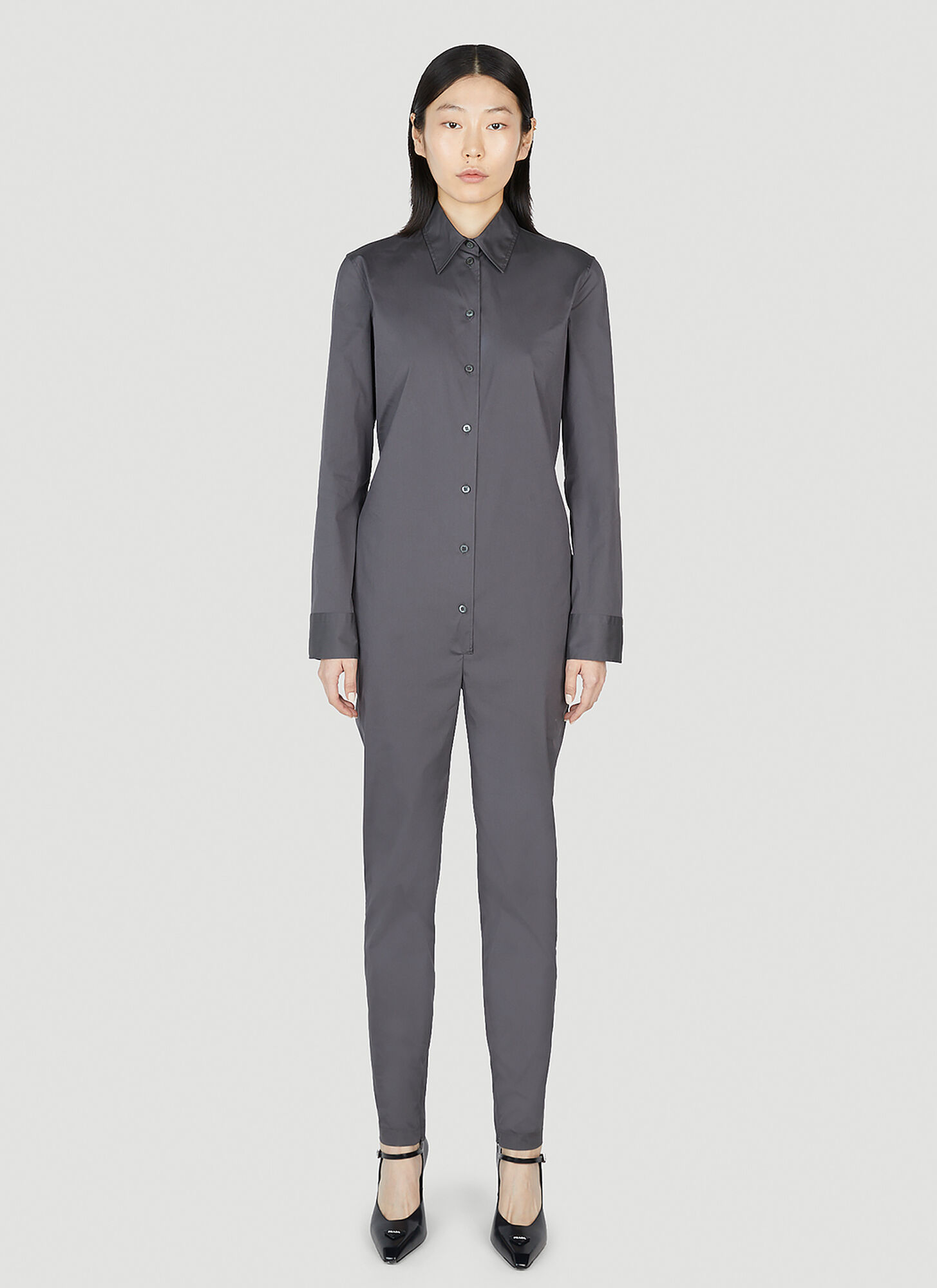 Prada Collared Long-sleeve Skinny-leg Jumpsuit In Grey