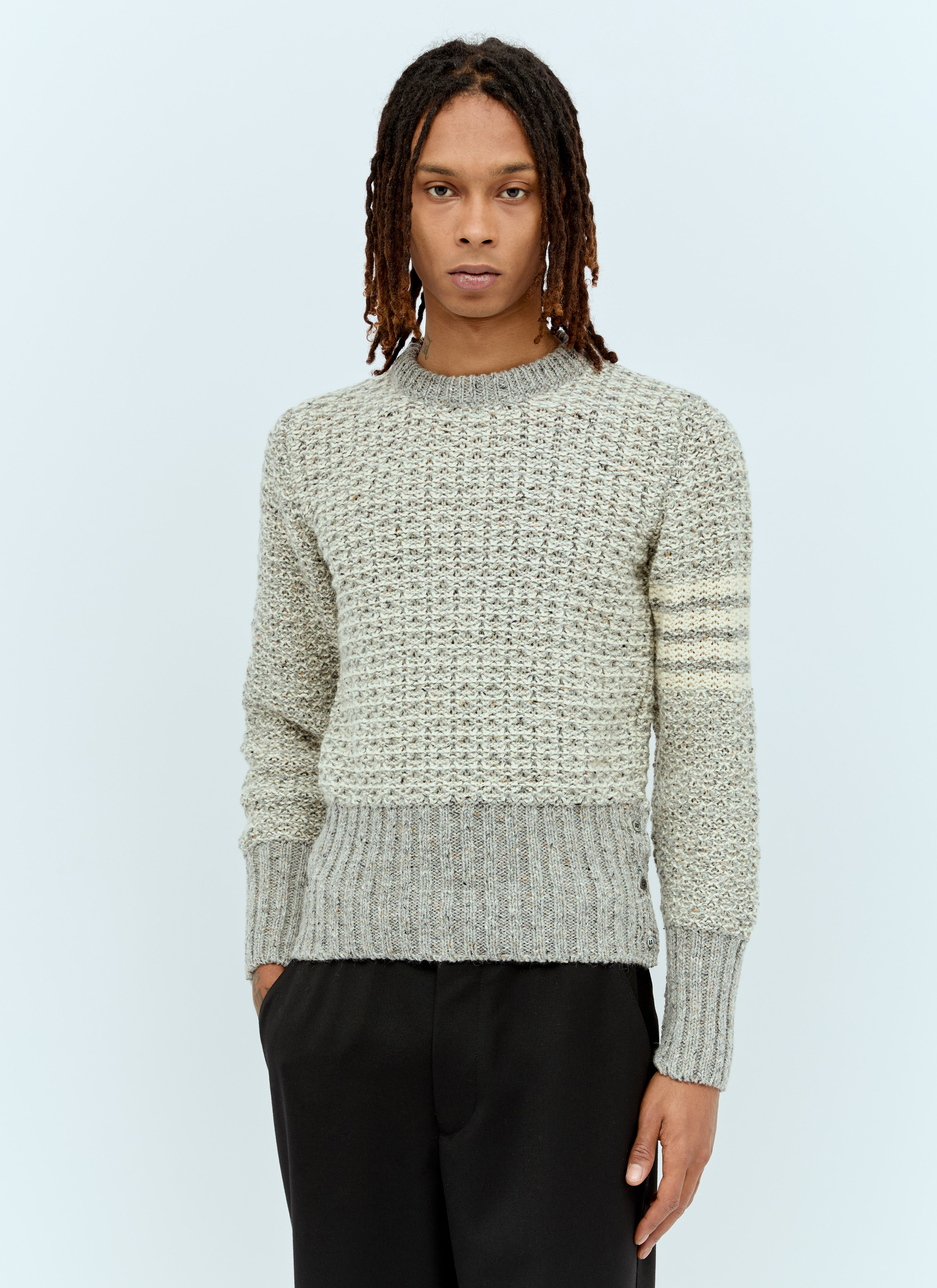 Thom Browne Men s Tuck Stitch Knit Sweater in Grey LN CC