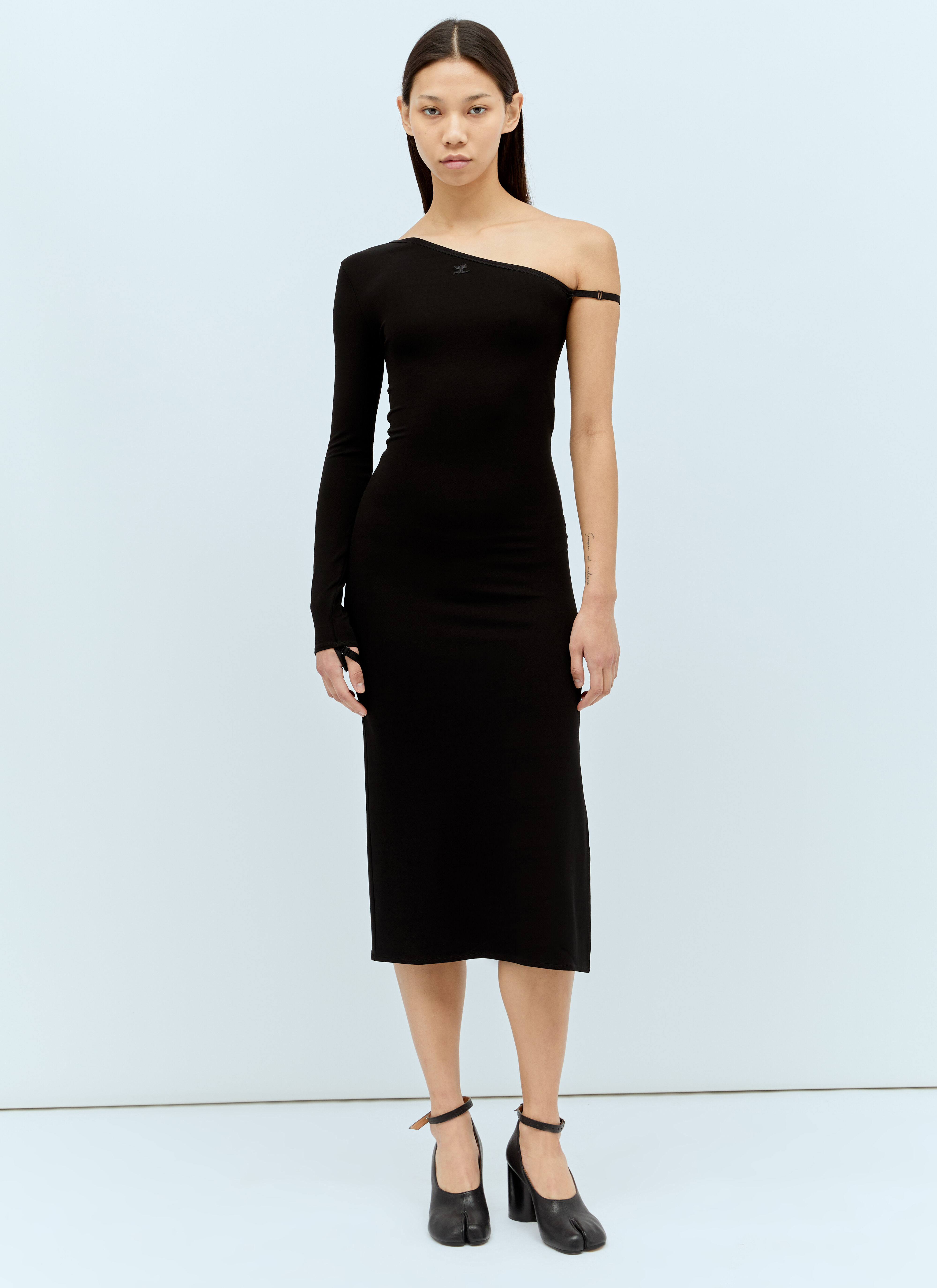 Versace One-Sleeve Logo Emboridery Midi Dress Black vrs0253009