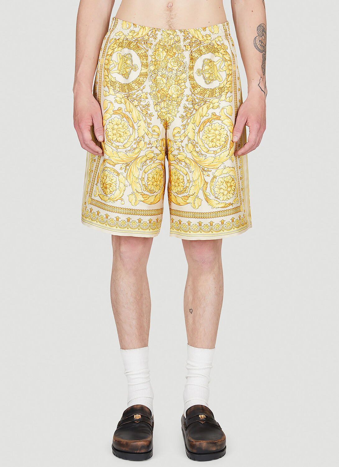 Shop Versace Barocco Silk Shorts In Yellow