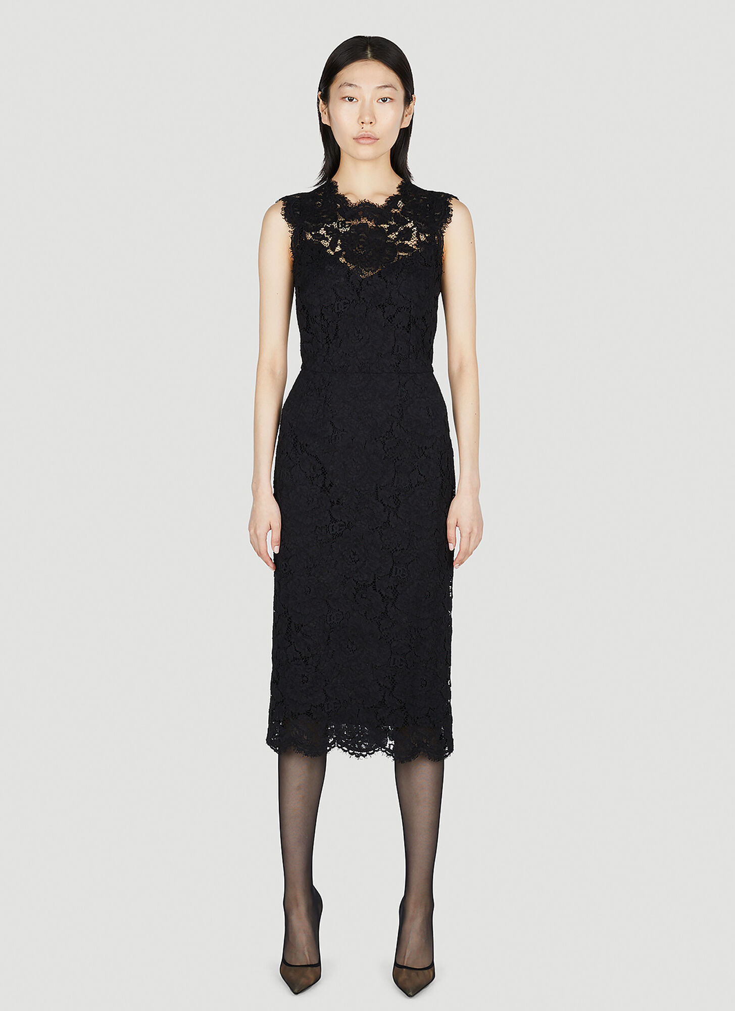 Dolce & Gabbana Logoed Stretch Lace Longuette Dress In Black