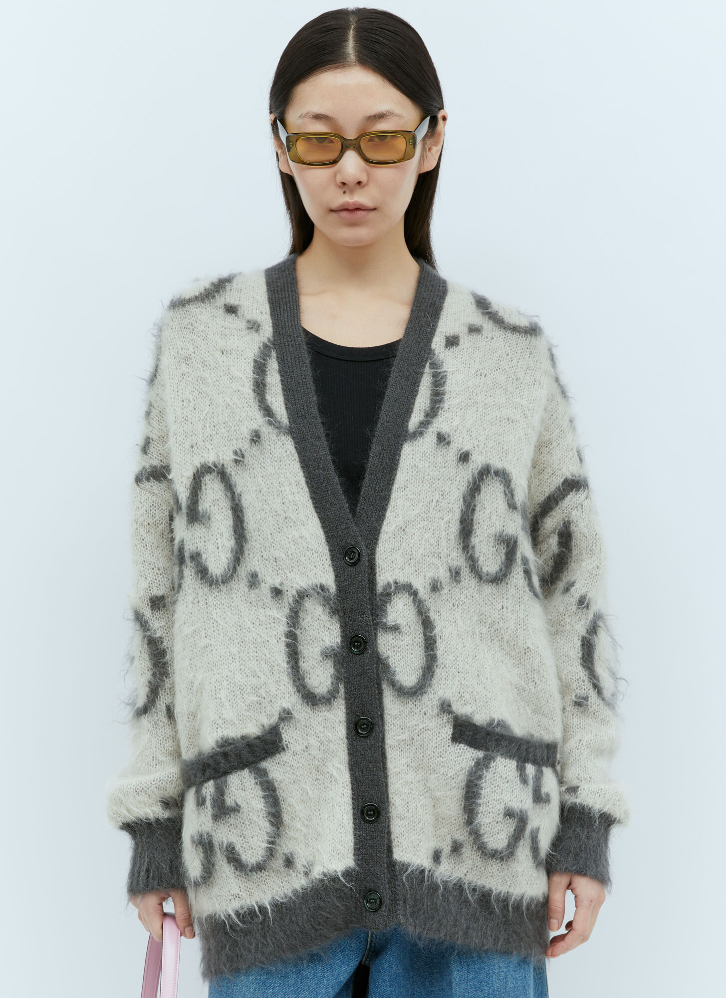 Shop Gucci Reversible Gg Mohair-blend Cardigan In Grey