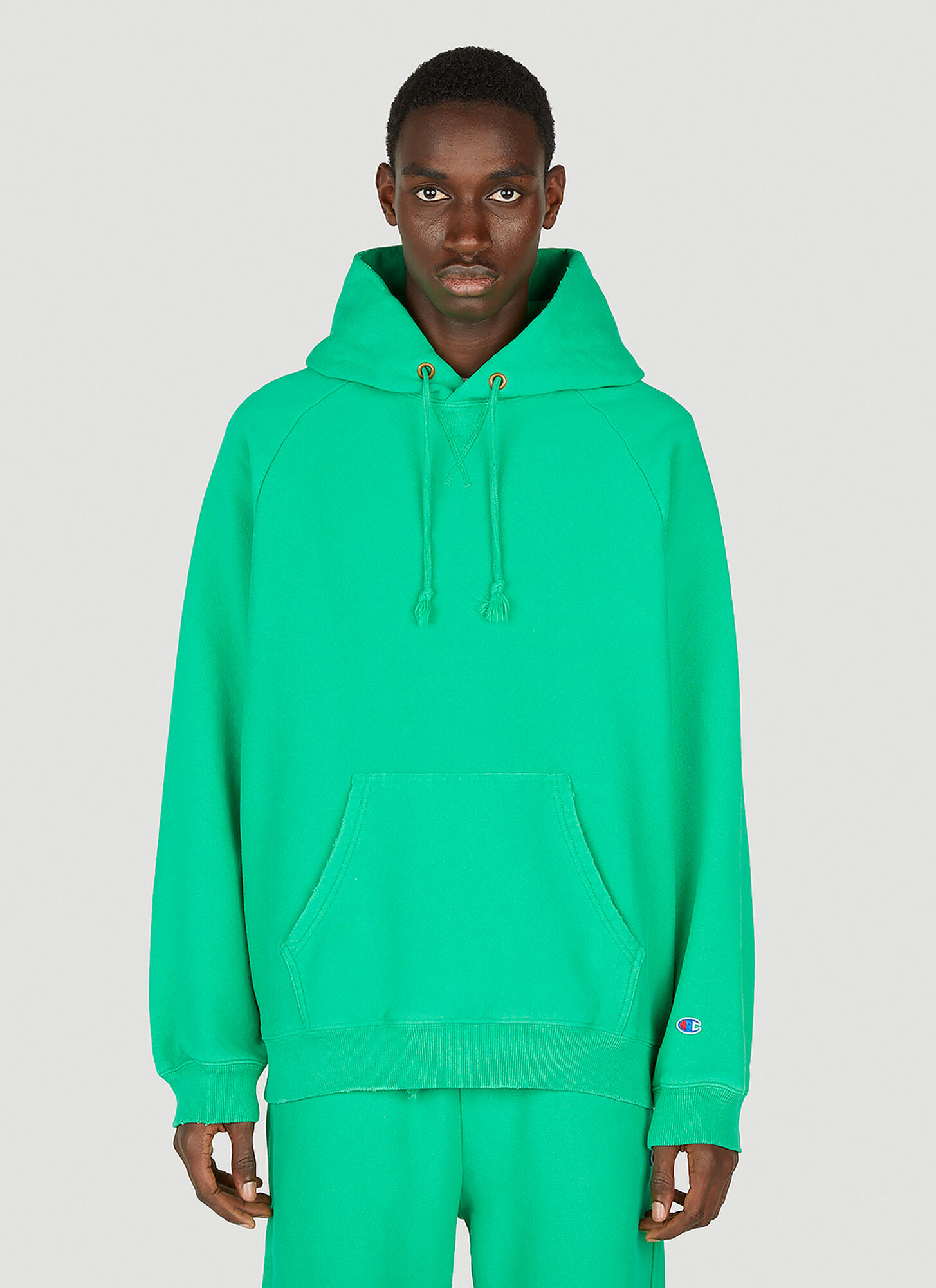 Champion Logo Embroidered Hooded Sweatshirt Male Green | ModeSens