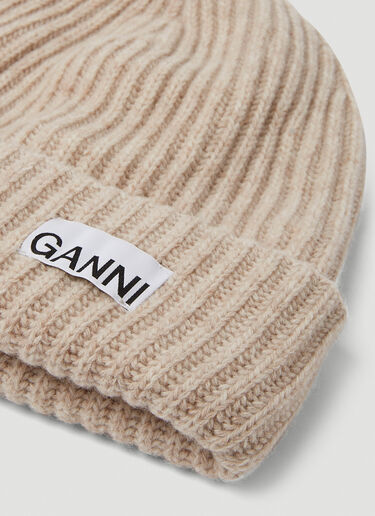 Logo Patch Ribbed Beanie Hat GANNI Logo Patch Ribbed Beanie Hat Beige gan0250049