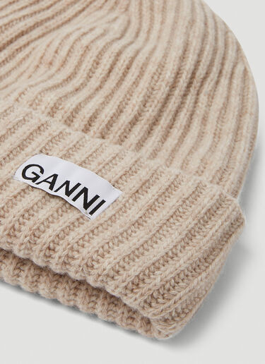 GANNI Logo Patch Ribbed Beanie Hat Beige gan0250049