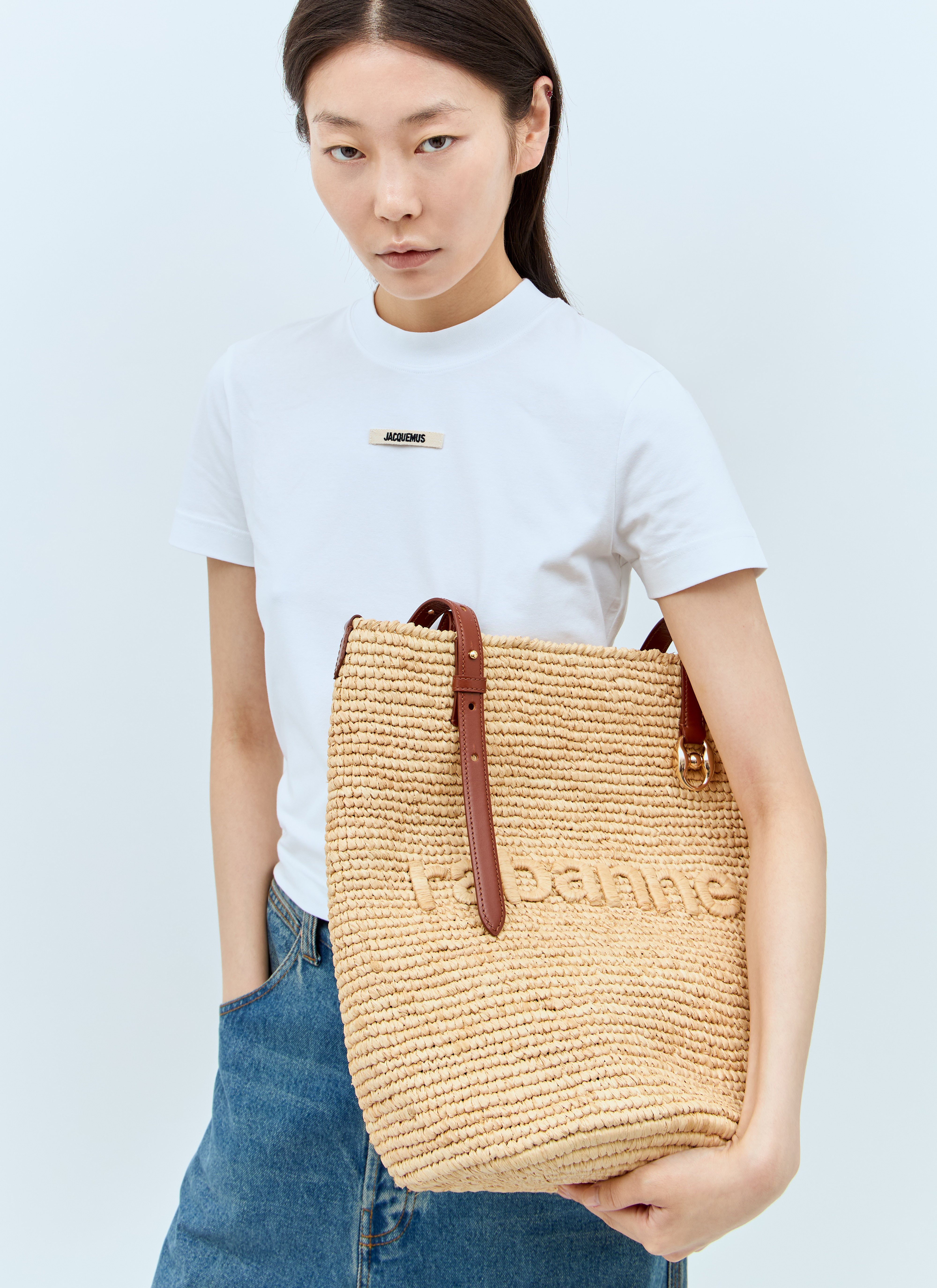 Rabanne Women's' Embossed Logo Raffia Tote Bag in Beige | LN-CC®