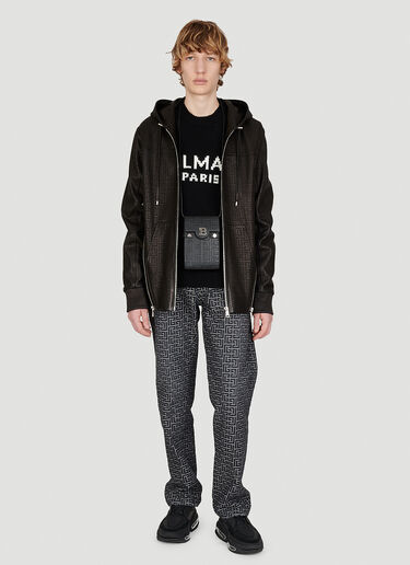 Balmain Monogram Lazer-Cut Leather Hooded Jacket Black bln0153010