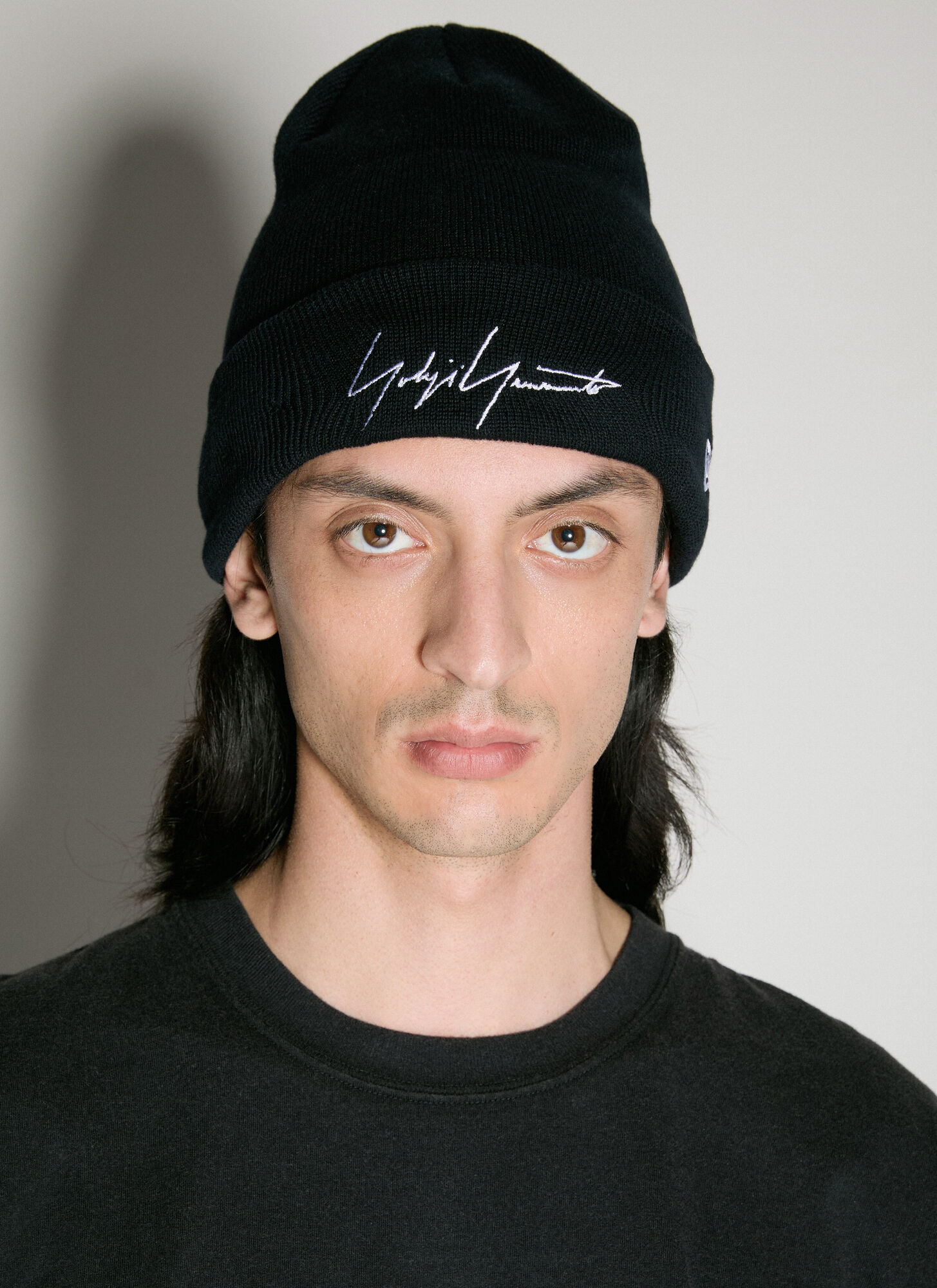 Shop Yohji Yamamoto Logo Embroidery Beanie Hat In Black
