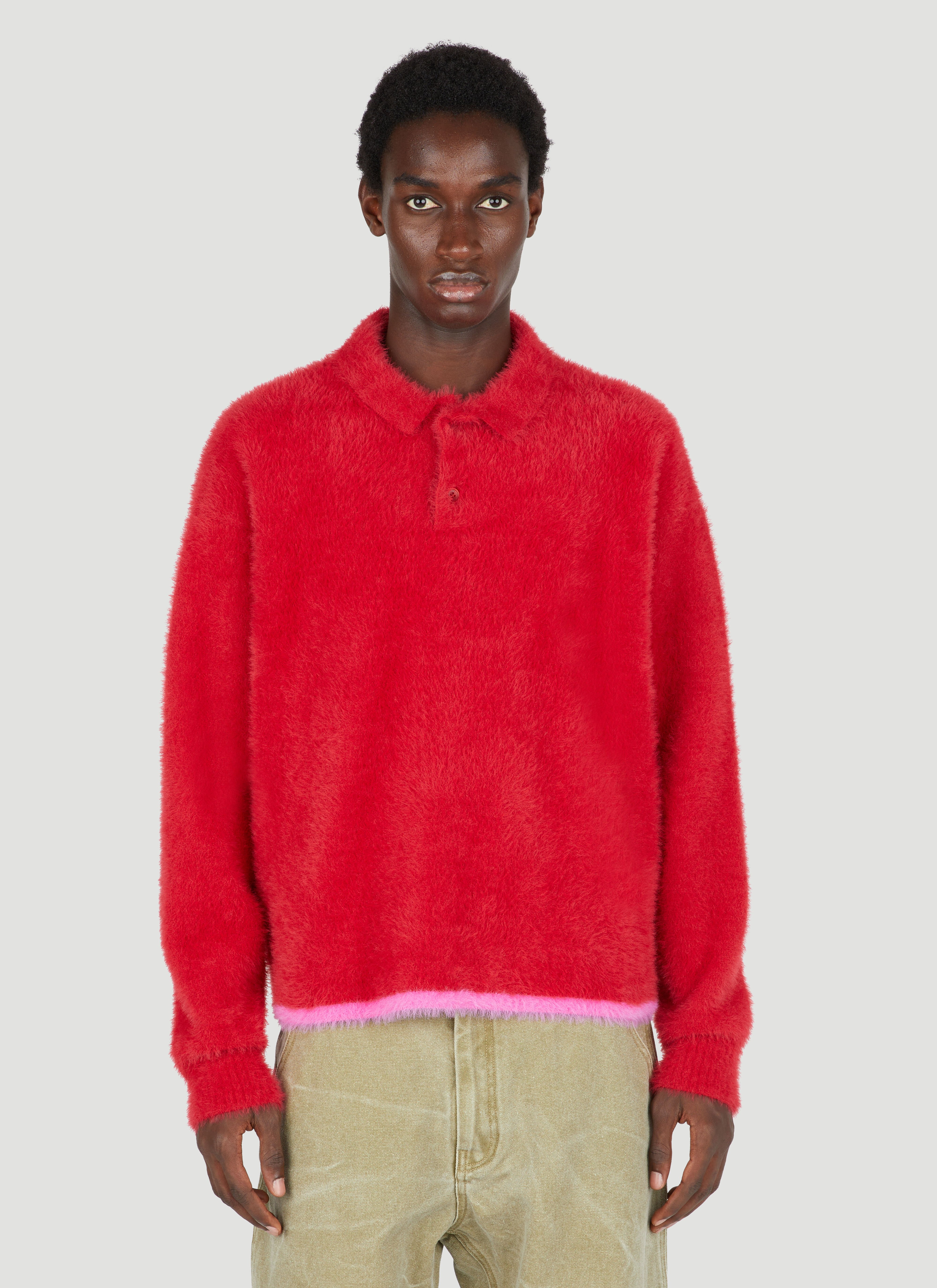 Balmain Fluffy Knit Polo Shirt Red bln0154003