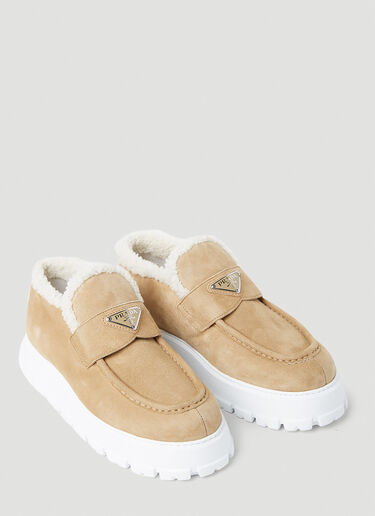 Shearling Lined Suede Platform Loafers Prada Shearling Lined Suede Platform Loafers Beige pra0254020