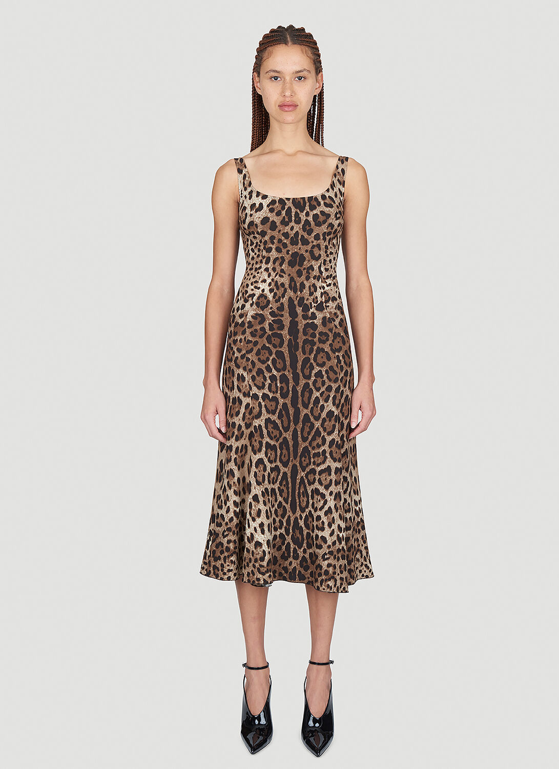 Dolce & Gabbana Leopard-print Calf-length Cady Dress In Brown