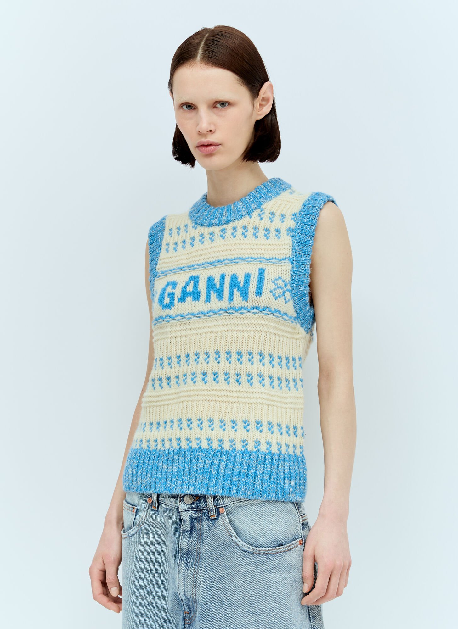 Shop Ganni Graphic O-neck Vest In Blue