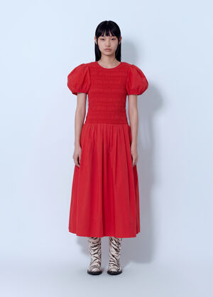 GANNI Stretch Cotton Long Smocked Pleated Dress Red gan0265037